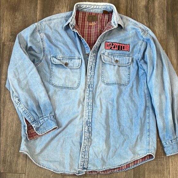 Vintage Led Zeppelin Denim Shirt with Red Plaid Flannel Lining - Picture 1 of 5